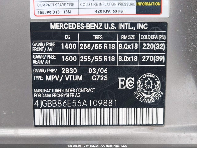 Auction sale of the 2006 Mercedes-benz Ml 350 4matic, vin: 4JGBB86E56A109881, lot number: 12558519