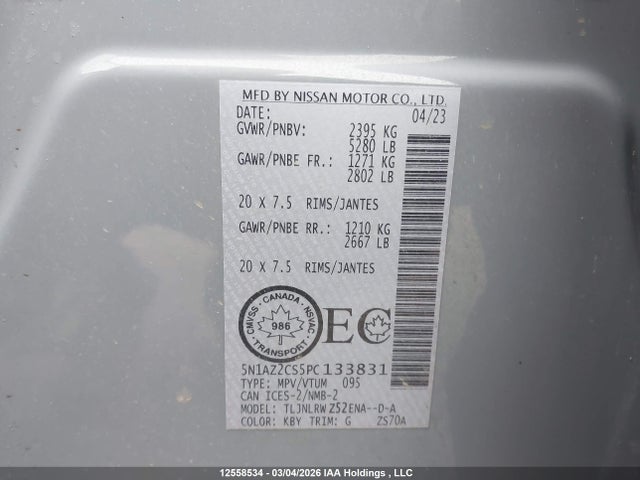 2023 Nissan Murano Sl მანქანა იყიდება აუქციონზე, vin: 5N1AZ2CS5PC133831, აუქციონის ნომერი: 12558534