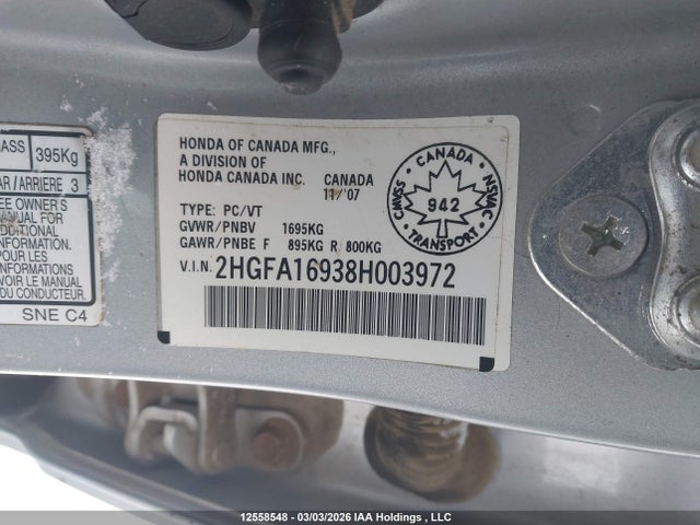 Aukcja sprzedaży 2008 Honda Civic Exl, vin: 2HGFA16938H003972, numer aukcji: 12558548