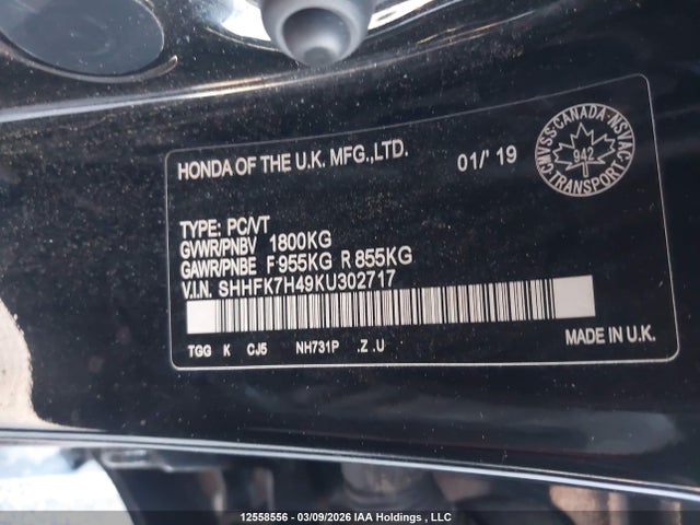 SHHFK7H49KU302717 Honda Civic Sport