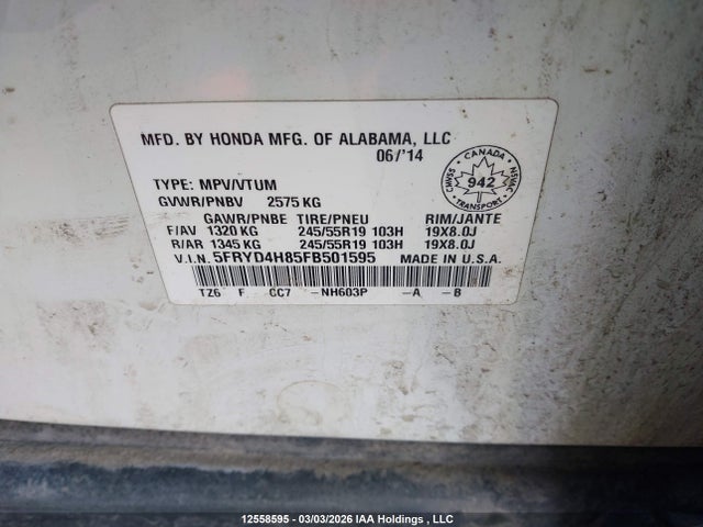 2015 Acura Mdx Elite Package მანქანა იყიდება აუქციონზე, vin: 5FRYD4H85FB501595, აუქციონის ნომერი: 12558595
