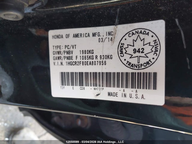 Aukcja sprzedaży 2014 Honda Accord Ex-l, vin: 1HGCR2F80EA807956, numer aukcji: 12558599