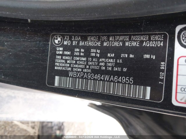 Aukcja sprzedaży 2004 Bmw X3 3.0i, vin: WBXPA93464WA64955, numer aukcji: 12558600
