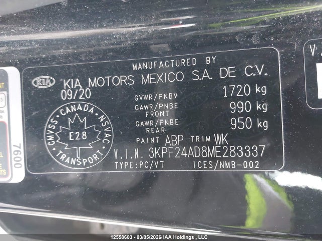 2021 Kia Forte Fe/lxs მანქანა იყიდება აუქციონზე, vin: 3KPF24AD8ME283337, აუქციონის ნომერი: 12558603