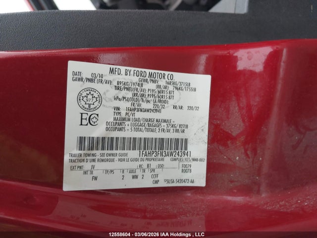12558604 :رقم المزاد ، 1FAHP3FN3AW243941 vin ، 2010 Ford Focus Se مزاد بيع