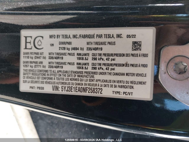 Aukcja sprzedaży 2022 Tesla Model 3, vin: 5YJ3E1EA0NF258372, numer aukcji: 12558615