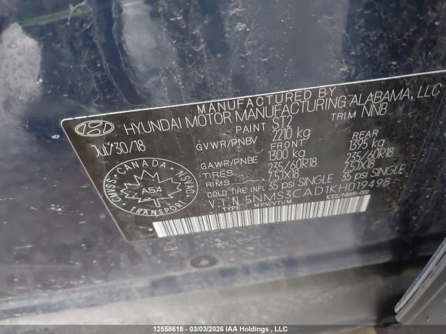 12558618 :رقم المزاد ، 5NMS3CAD1KH019498 vin ، 2019 Hyundai Santa Fe Sel/sel Plus مزاد بيع