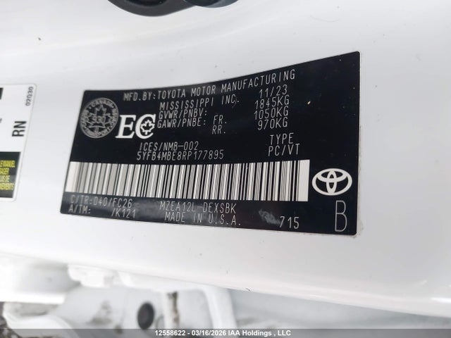 2024 Toyota Corolla Se მანქანა იყიდება აუქციონზე, vin: 5YFB4MBE8RP177895, აუქციონის ნომერი: 12558622