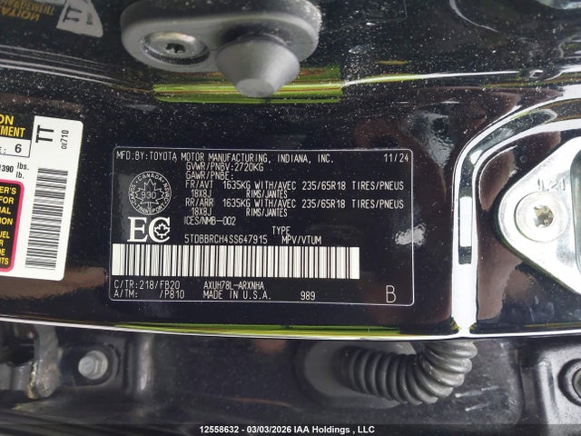 2025 Toyota Highlander Hybrid Le მანქანა იყიდება აუქციონზე, vin: 5TDBBRCH4SS647915, აუქციონის ნომერი: 12558632