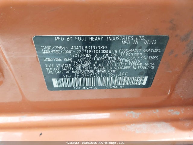 12558654 :رقم المزاد ، JF2GPAVC3D2851465 vin ، 2013 Subaru Xv Crosstrek 2.0 Premium مزاد بيع
