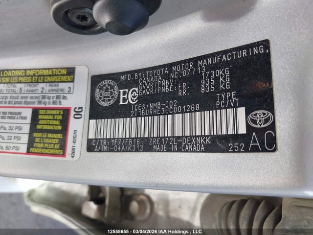 12558655 :رقم المزاد ، 2T1BURHE3EC001268 vin ، 2014 Toyota Corolla Le مزاد بيع
