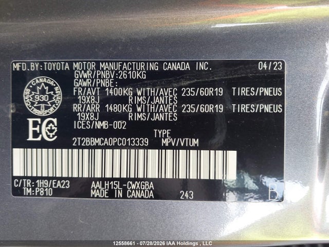 2T2BBMCA0PC013339 Lexus Rx 350h Base/350h Premium/350h Premium Plus/350h Luxury