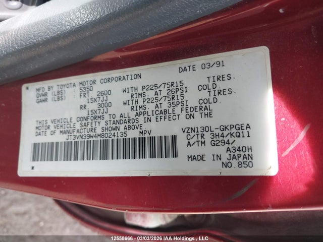 Aukcja sprzedaży 1991 Toyota 4runner Vn39 Sr5, vin: JT3VN39W4M8024135, numer aukcji: 12558666