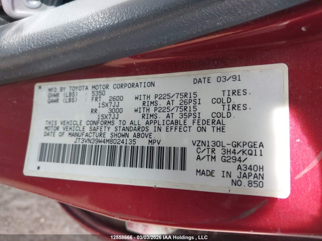 Aukcja sprzedaży 1991 Toyota 4runner Vn39 Sr5, vin: JT3VN39W4M8024135, numer aukcji: 12558666