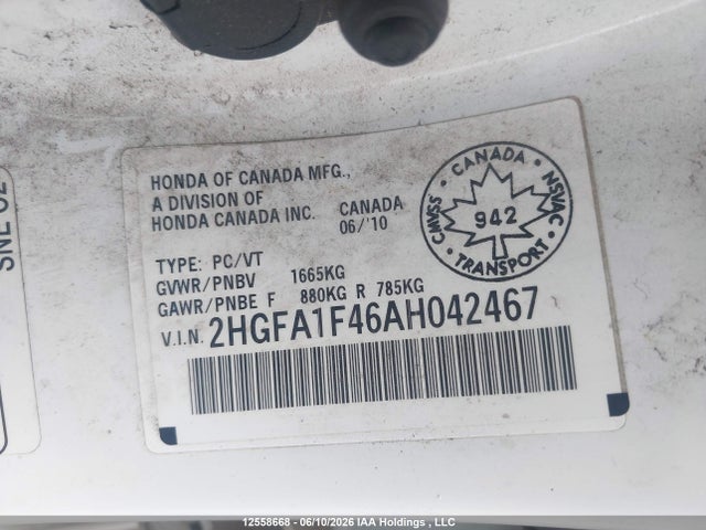2010 Honda Civic Dx-g მანქანა იყიდება აუქციონზე, vin: 2HGFA1F46AH042467, აუქციონის ნომერი: 12558668