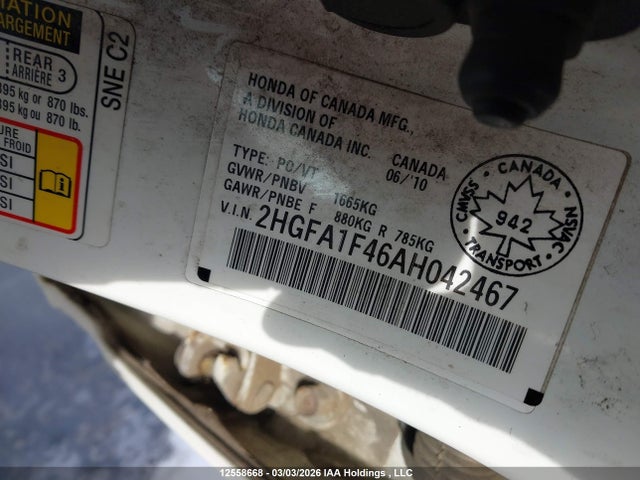 2010 Honda Civic Dx-g მანქანა იყიდება აუქციონზე, vin: 2HGFA1F46AH042467, აუქციონის ნომერი: 12558668
