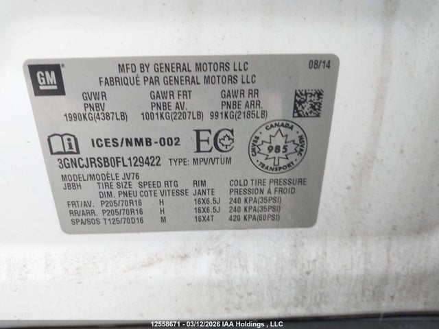 Продаж на аукціоні авто 2015 Chevrolet Trax 1lt, vin: 3GNCJRSB0FL129422, номер лоту: 12558671