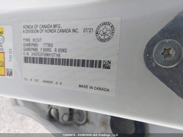 12558676 :رقم المزاد ، 2HGFE2F58NH107148 vin ، 2022 Honda Civic Sport مزاد بيع