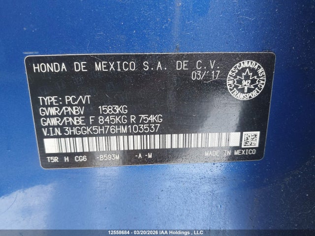 3HGGK5H76HM103537 Honda Fit