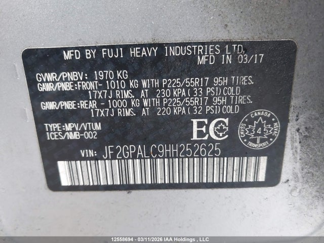 Aukcja sprzedaży 2017 Subaru Crosstrek Limited, vin: JF2GPALC9HH252625, numer aukcji: 12558694