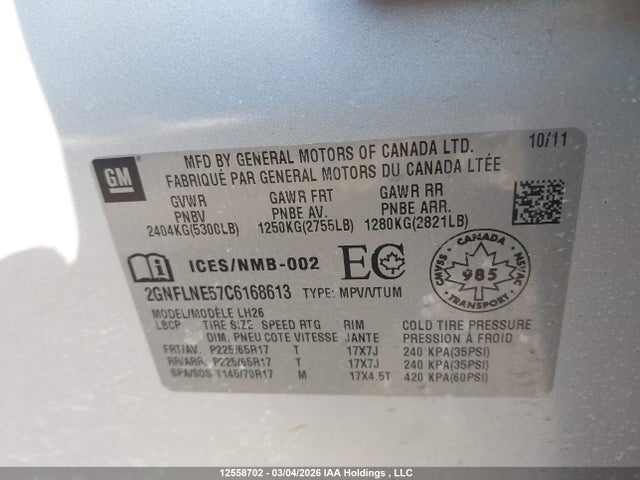 12558702 :رقم المزاد ، 2GNFLNE57C6168613 vin ، 2012 Chevrolet Equinox Lt مزاد بيع