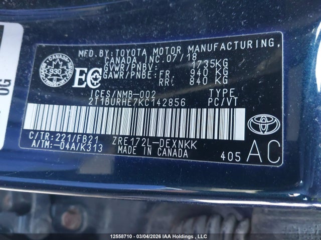 12558710 :رقم المزاد ، 2T1BURHE7KC142856 vin ، 2019 Toyota Corolla L/le/xle/se/xse مزاد بيع