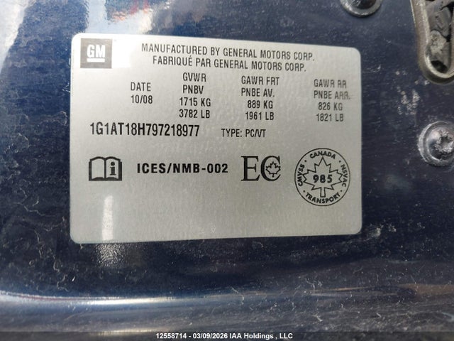 2009 Chevrolet Cobalt Lt მანქანა იყიდება აუქციონზე, vin: 1G1AT18H797218977, აუქციონის ნომერი: 12558714