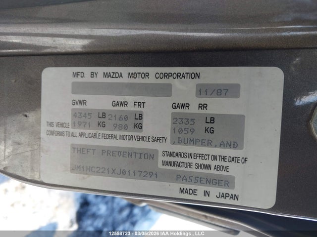 1988 Mazda 929 მანქანა იყიდება აუქციონზე, vin: JM1HC221XJ0117291, აუქციონის ნომერი: 12558723