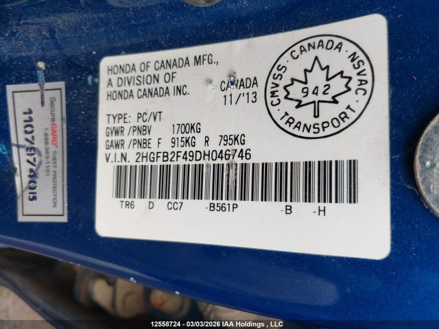 Aukcja sprzedaży 2013 Honda Civic Lx, vin: 2HGFB2F49DH046746, numer aukcji: 12558724