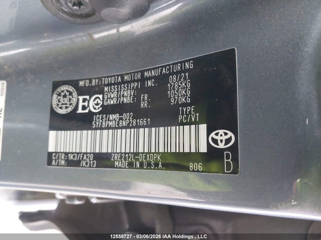 Aukcja sprzedaży 2022 Toyota Corolla L, vin: 5YFBPMBE8NP281661, numer aukcji: 12558727