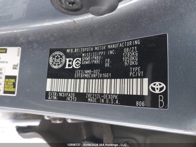 Aukcja sprzedaży 2022 Toyota Corolla L, vin: 5YFBPMBE8NP281661, numer aukcji: 12558727