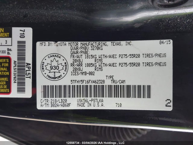 2015 Toyota Tundra Crewmax Limited მანქანა იყიდება აუქციონზე, vin: 5TFHY5F16FX462328, აუქციონის ნომერი: 12558734