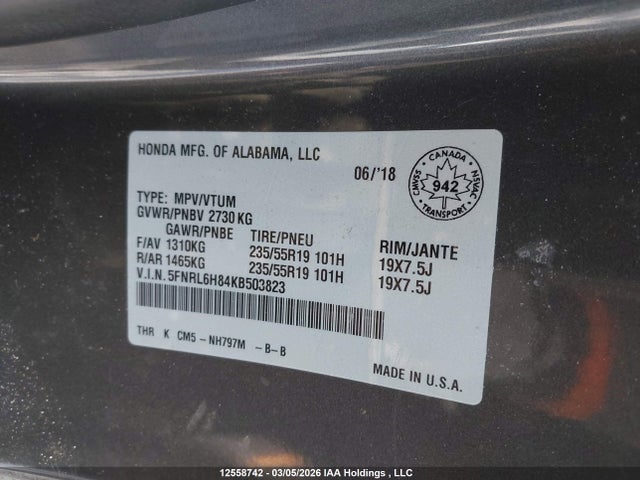 5FNRL6H84KB503823 Honda Odyssey