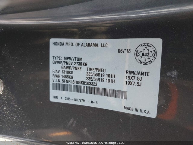 5FNRL6H84KB503823 Honda Odyssey
