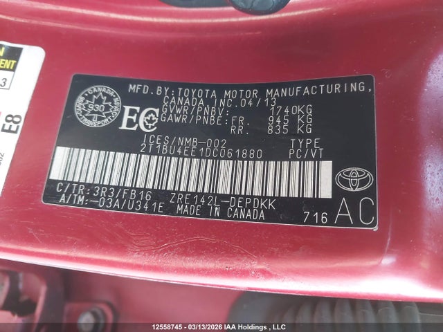 Aukcja sprzedaży 2013 Toyota Corolla, vin: 2T1BU4EE1DC061880, numer aukcji: 12558745