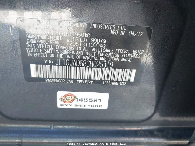 2012 Subaru Impreza Premium მანქანა იყიდება აუქციონზე, vin: JF1GJAD68CH025319, აუქციონის ნომერი: 12558747