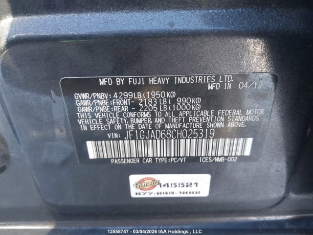 2012 Subaru Impreza Premium მანქანა იყიდება აუქციონზე, vin: JF1GJAD68CH025319, აუქციონის ნომერი: 12558747