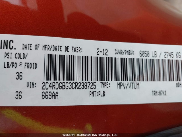 Aukcja sprzedaży 2012 Dodge Grand Caravan Se/sxt, vin: 2C4RDGBG3CR238725, numer aukcji: 12558751