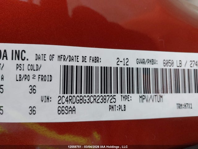 Aukcja sprzedaży 2012 Dodge Grand Caravan Se/sxt, vin: 2C4RDGBG3CR238725, numer aukcji: 12558751