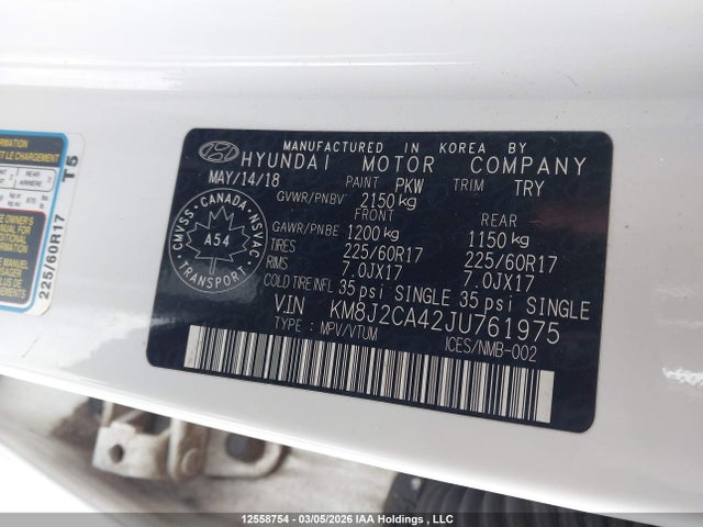 12558754 :رقم المزاد ، KM8J2CA42JU761975 vin ، 2018 Hyundai Tucson Base 2.0l مزاد بيع
