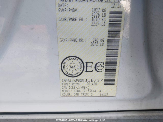 1N4AL3AP8GN316757 Nissan Altima 2.5/s/sv/sl/sr