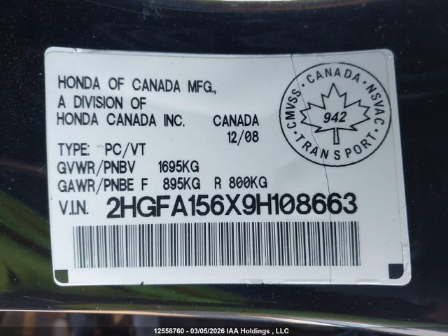 2009 Honda Civic Sport მანქანა იყიდება აუქციონზე, vin: 2HGFA156X9H108663, აუქციონის ნომერი: 12558760