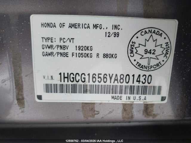 Продаж на аукціоні авто 2000 Honda Accord Ex, vin: 1HGCG1656YA801430, номер лоту: 12558762