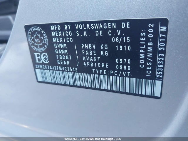 2015 Volkswagen Jetta S მანქანა იყიდება აუქციონზე, vin: 3VW2K7AJ2FM422549, აუქციონის ნომერი: 12558763