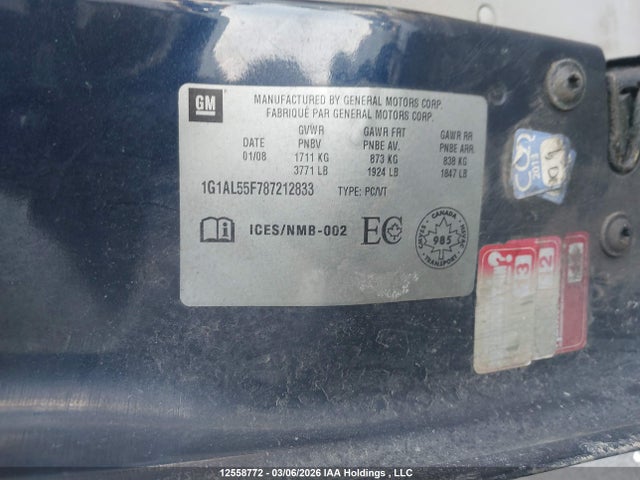 Продаж на аукціоні авто 2008 Chevrolet Cobalt Lt, vin: 1G1AL55F787212833, номер лоту: 12558772