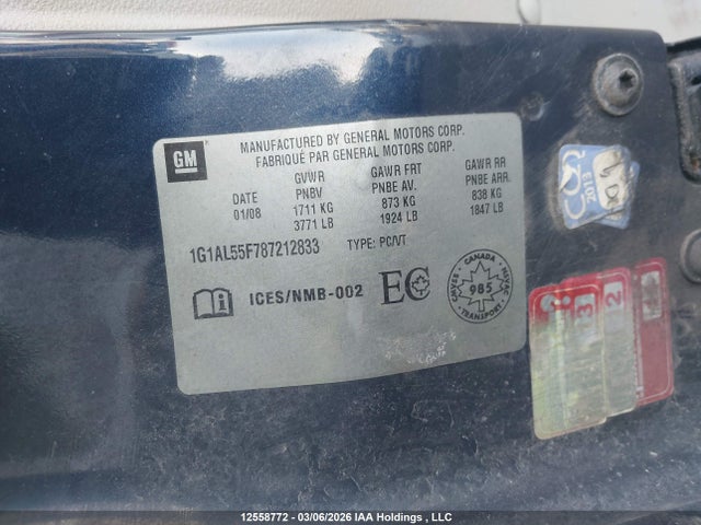 Продаж на аукціоні авто 2008 Chevrolet Cobalt Lt, vin: 1G1AL55F787212833, номер лоту: 12558772