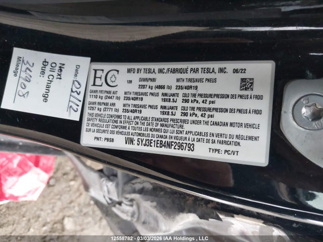5YJ3E1EB4NF296793 Tesla MODEL 3