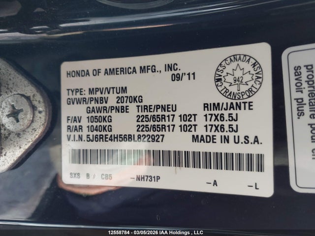 12558784 :رقم المزاد ، 5J6RE4H56BL822927 vin ، 2011 Honda Cr-v Ex مزاد بيع