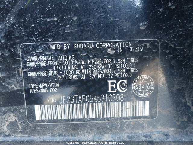 12558788 :رقم المزاد ، JF2GTAFC5K8310308 vin ، 2019 Subaru Crosstrek Premium مزاد بيع