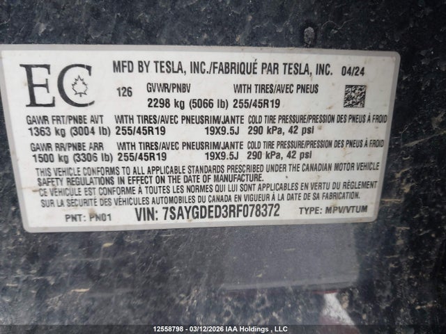 2024 Tesla Model Y Long Range/rwd მანქანა იყიდება აუქციონზე, vin: 7SAYGDED3RF078372, აუქციონის ნომერი: 12558798